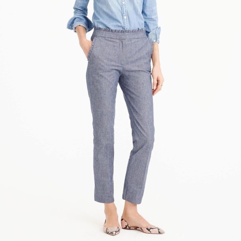 JCrew Regent Ruffle Cropped Pant in Chambray